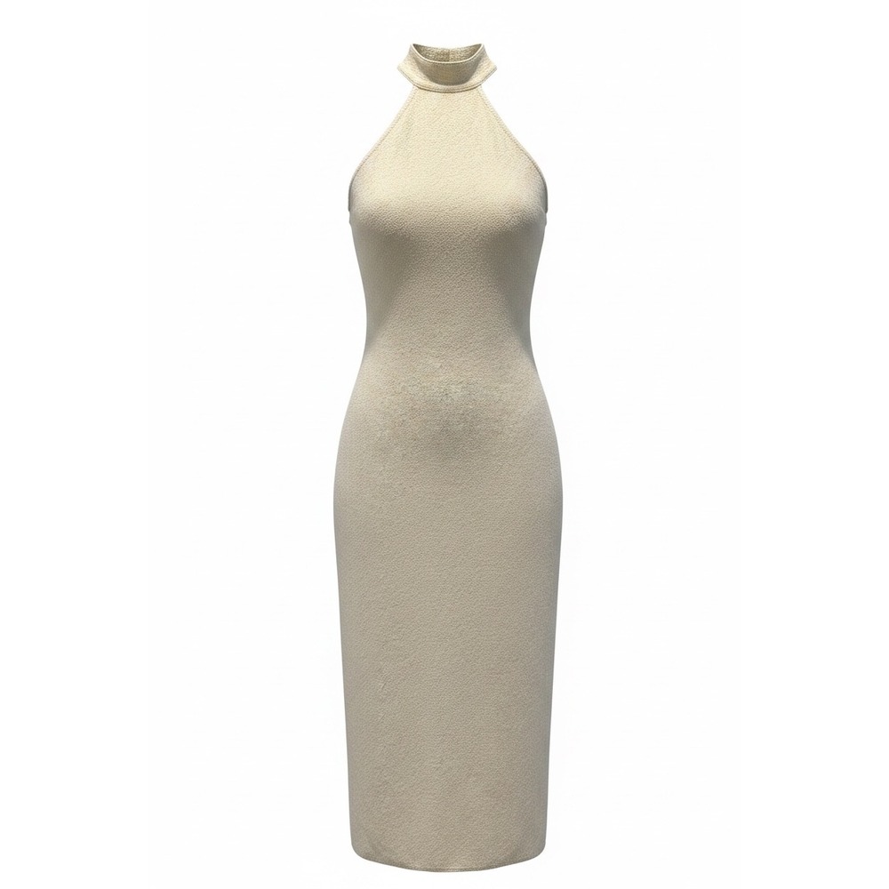 Chavin Cream 100% Peruvian Cotton Halter Open Back Knit Midi Dress Womens XS